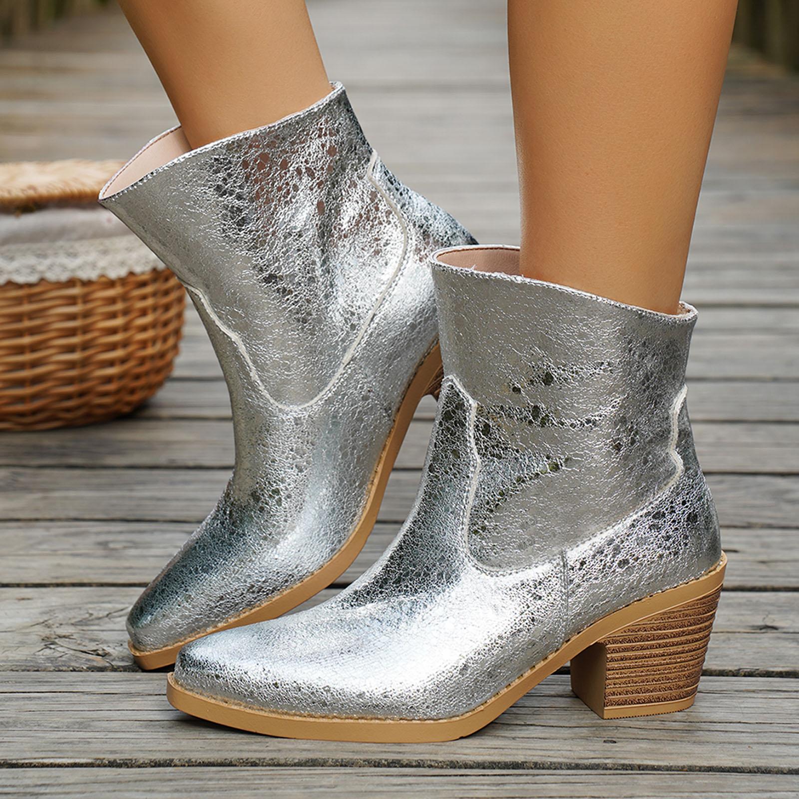 Large Women S Shoes Fashion Womens Chunky Heel Short Boots Sleeve Chunky Heel Bare Boots Hunting Boots Botas Invierno Mujer 37 серебряный