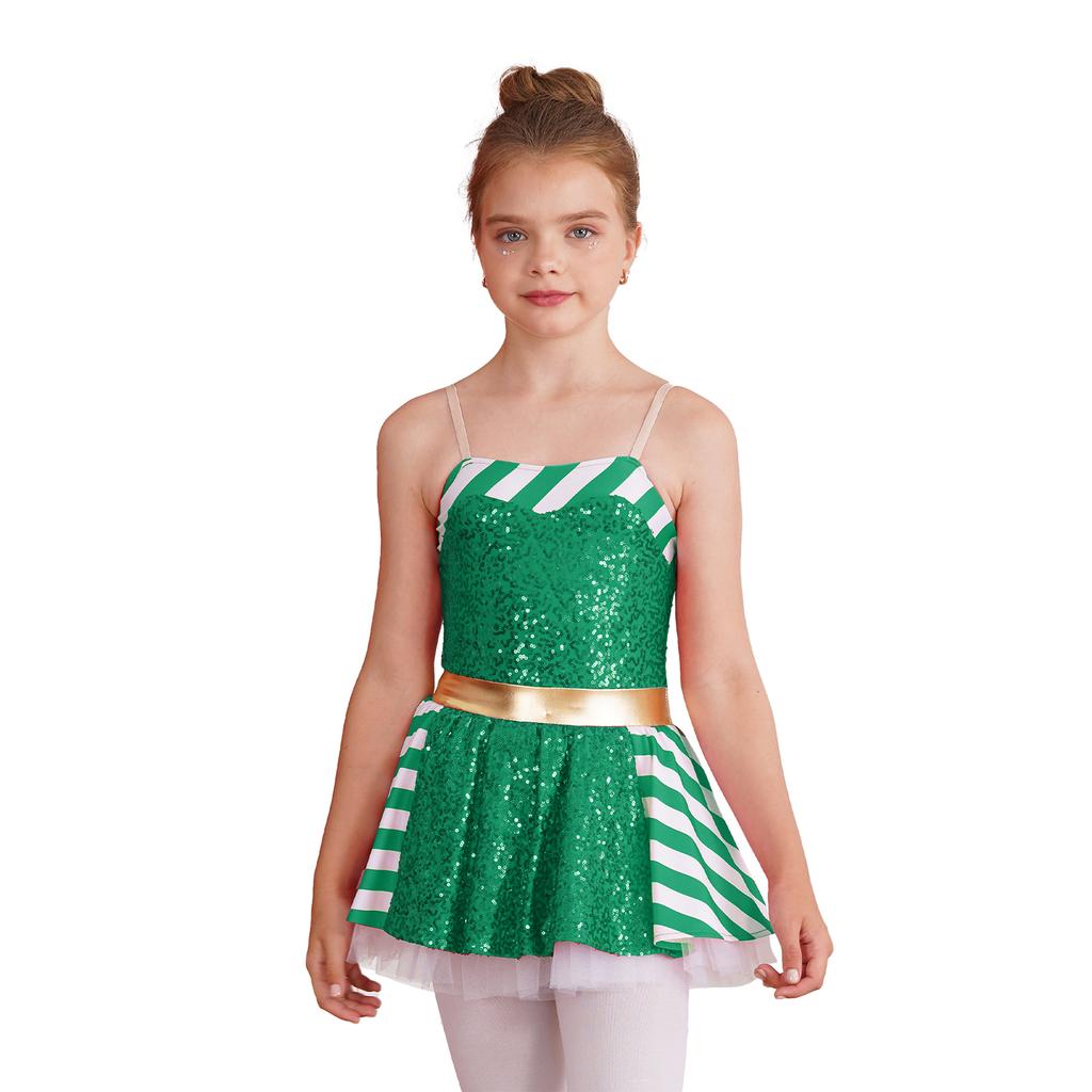 Girls Christmas Costume Striped Sequin Dress Adjustable Straps Skirt Jumpsuit Party Dress Up Outfit