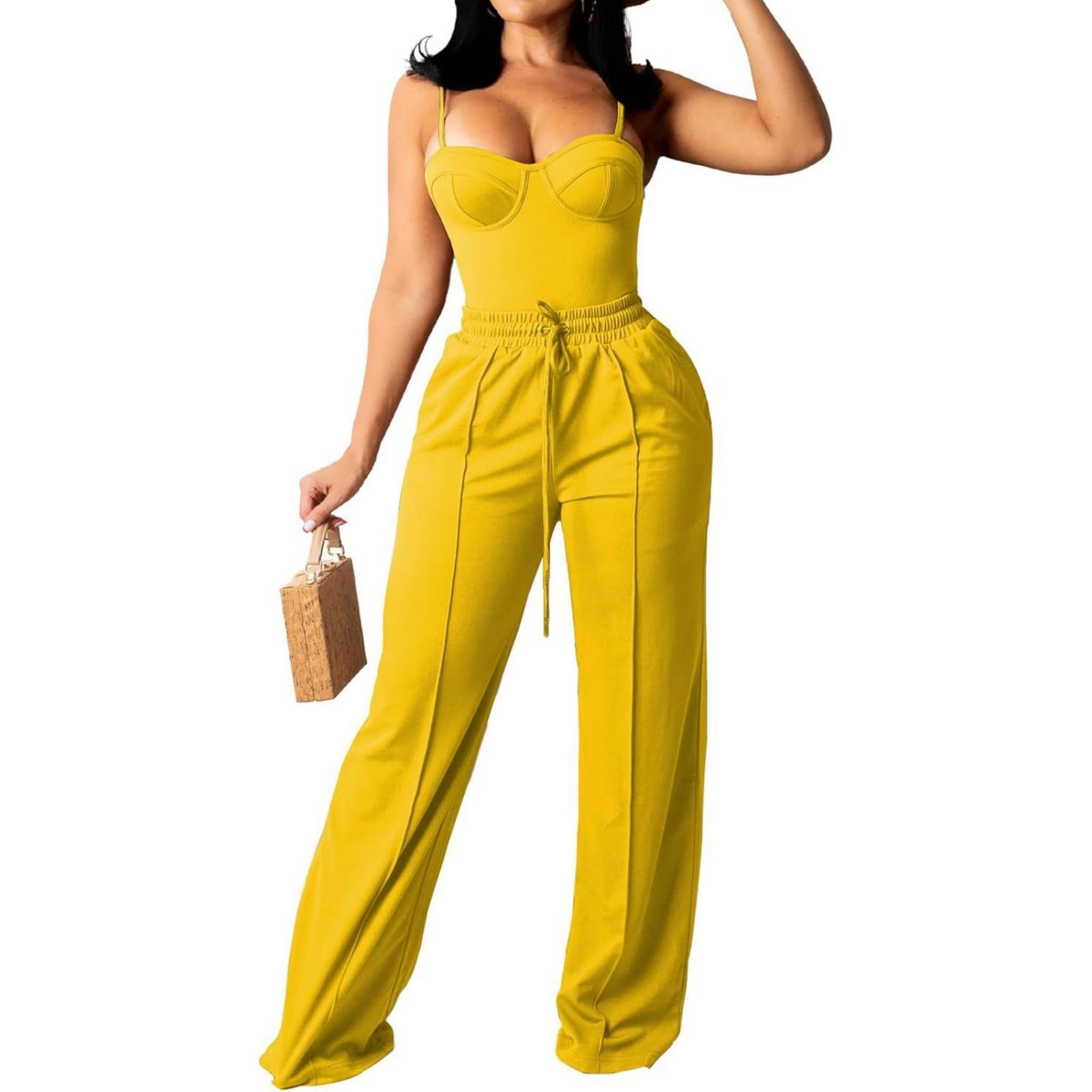 

Women s Wide Leg Sports Pants, High Waisted Loose Pants, Fashionable Drawstring Sports Jogging Pants S жёлтый