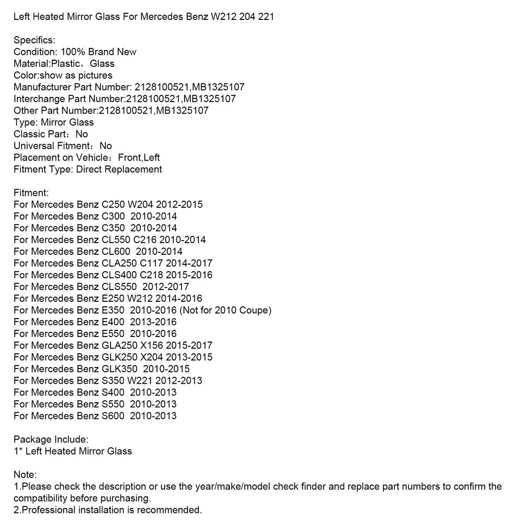 Left Heated Mirror Glass For Mercedes Benz W212 204 221