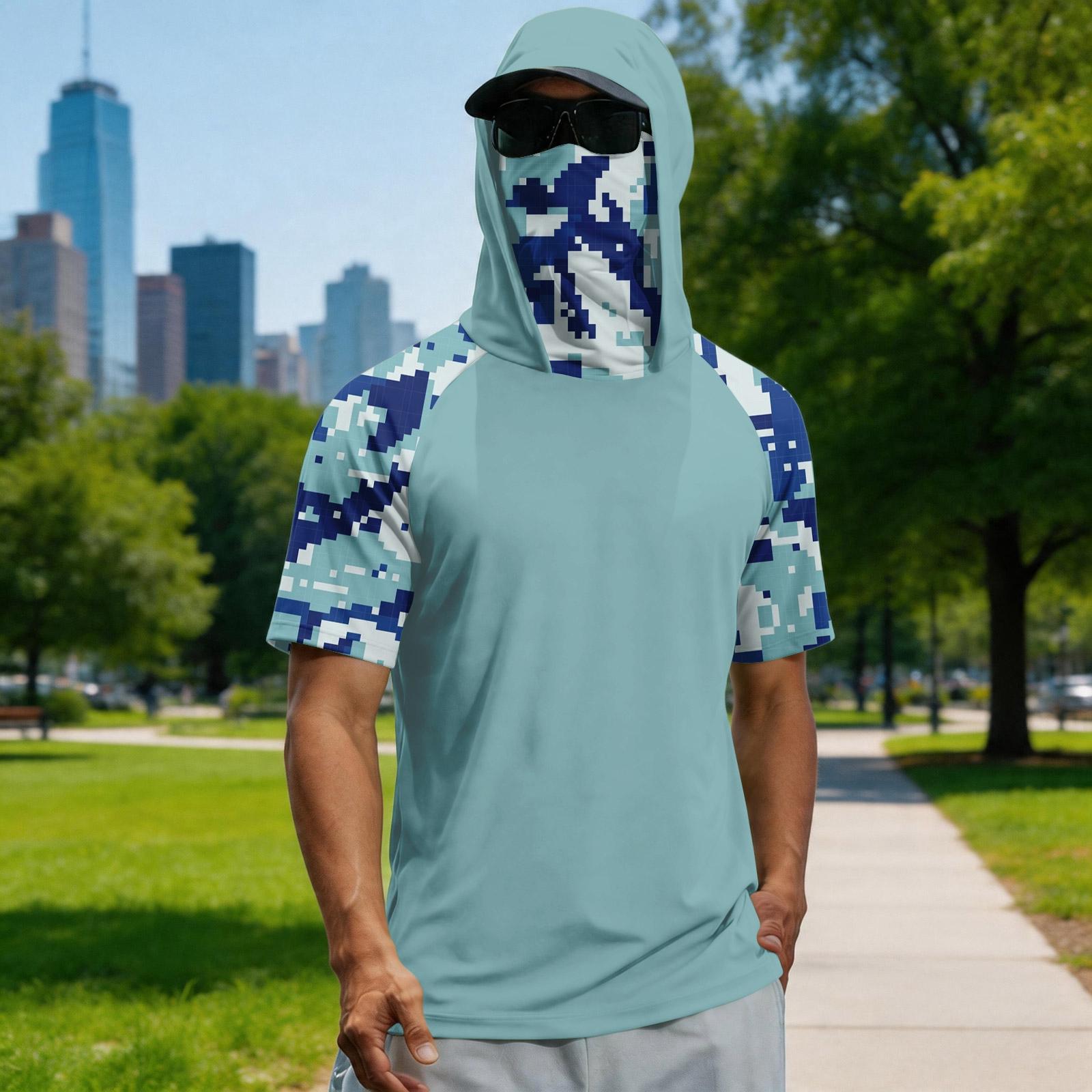 

Men s summer camouflage gradient drying short-sleeved T-shirt, sun clothing, fishing, fitness, sports, hooded short-sleeved shirt XXL синий