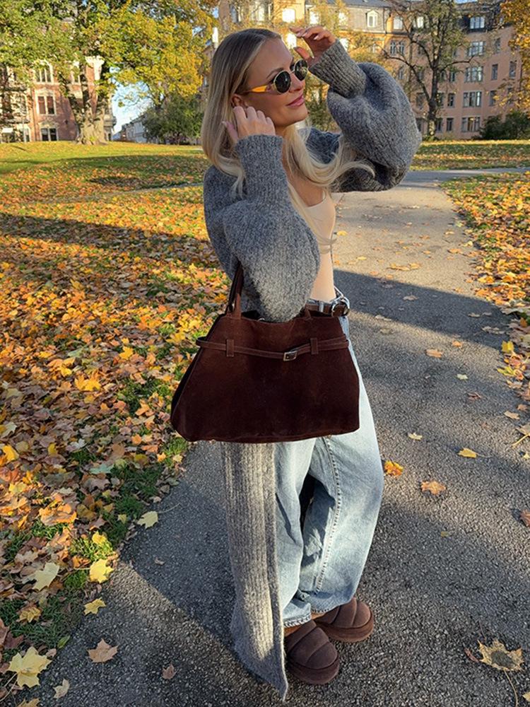 2024 Herbst/Winter Damen Grauer Locker Gestrickter Cardigan mit Langen Ärmeln
