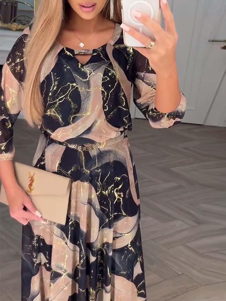 2025 Europäische & Amerikanische Mode Florales Siebenärmeliges Taillenraffungs-Kleid für Damen.