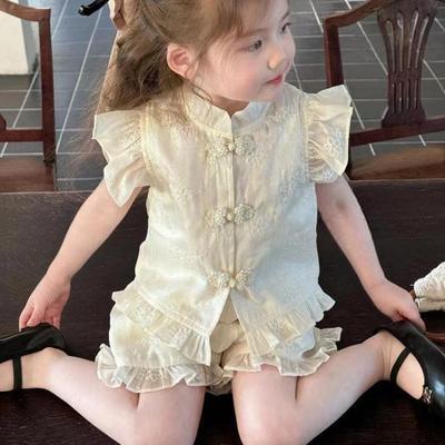 1 Set Chinese Style Girl's Suit, Summer Refreshing Baby, Stand-up Collar, Plate Buckle, Embroidery, Sleeveless, Top Shorts Two-piece Set