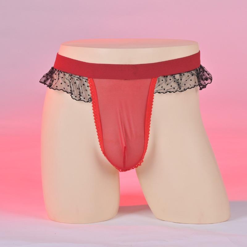 Sexy Ruffles Sissy Pouch Panties Men'S Mesh See Through Lingerie Crossdress G-String T-Back Thong Gay Male Maid Cosplay Bikini