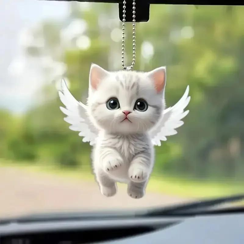 2D Car Pendant Hanging Ornament with Chain Realistic Animal Cat-Shaped Rearview Mirror Hanging Decor Car Interior Accessories