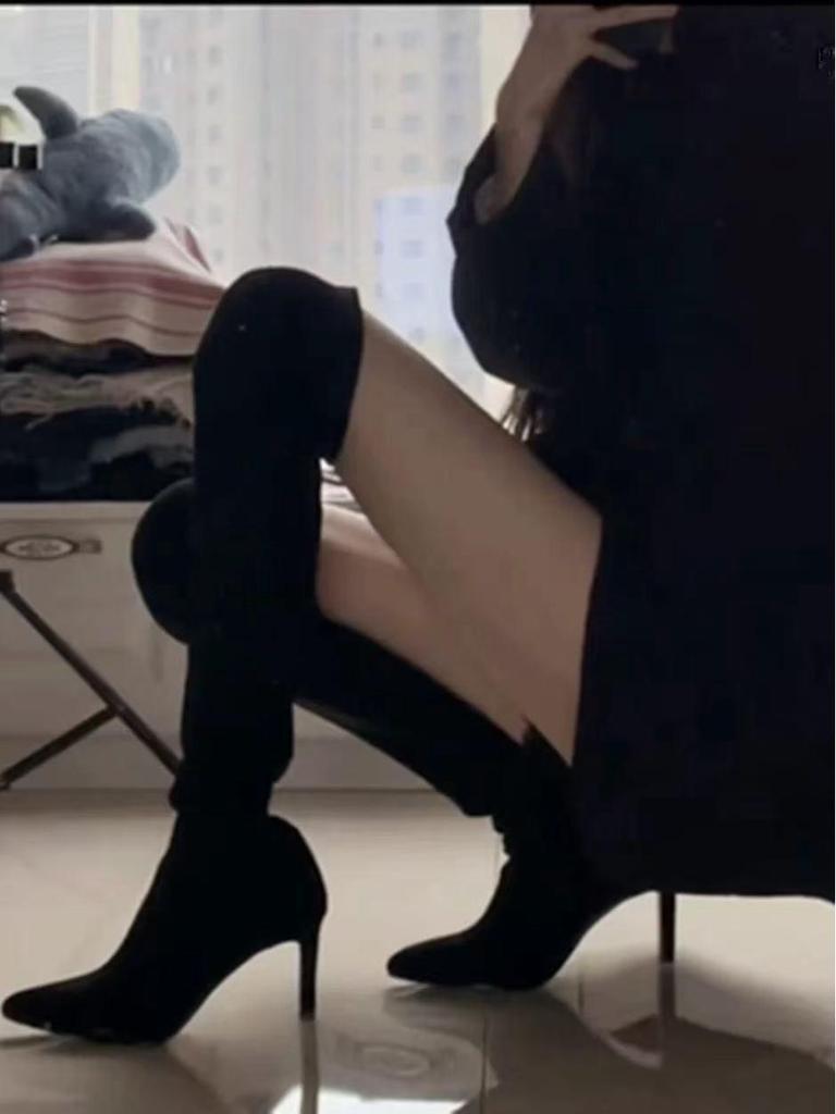 Autumn 2025 Women's Over-the-Knee Suede Boots: Chunky Heel, High Shaft, Elastic, Pointed Toe