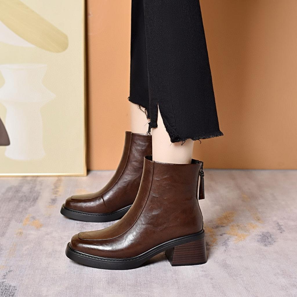 Square Head Women's Autumn and Winter Simple Temperament Thick Heel Back Zipper Fashion Boots Women's Straight Boots