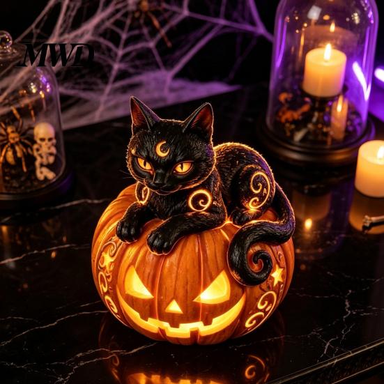 Cute Ghost And Cat Night Lights Halloween Pumpkin Light, Resin LED Dragon Tabletop Lamp, Witch Festive Ornaments Hat Black Crow Lamp for Home