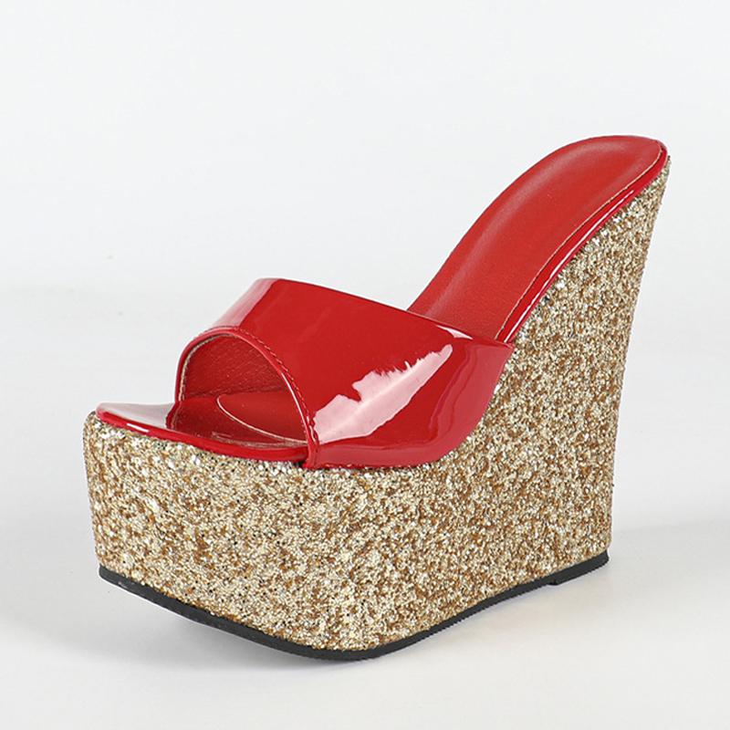 

Мода Liyke Уличный Стиль Сексуальные Супер Высокие Каблуки Клинья Шлепанцы Женская Мода Пайеточные Толстая Подошва Платформа Босоножки Обувь Zapatos Mujer 35 красный