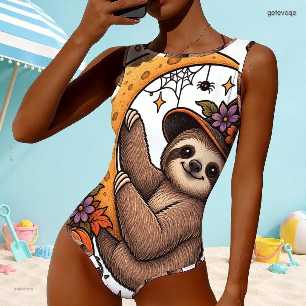 Women Plus Size One Piece Swimsuit High Round Neck Sleeveless Sloth Moon Printed
