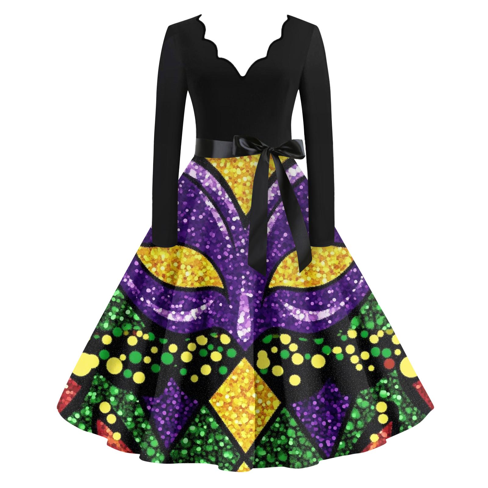 

Женское повседневное модное платье с V-образным вырезом и длинным рукавом с принтом в винтажном стиле XL