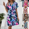 Women's Abstract Floral Print Shirt Dress, Short Sleeve Button-Down Casual Tunic Dress, Loose Fit Summer Vacation Dress