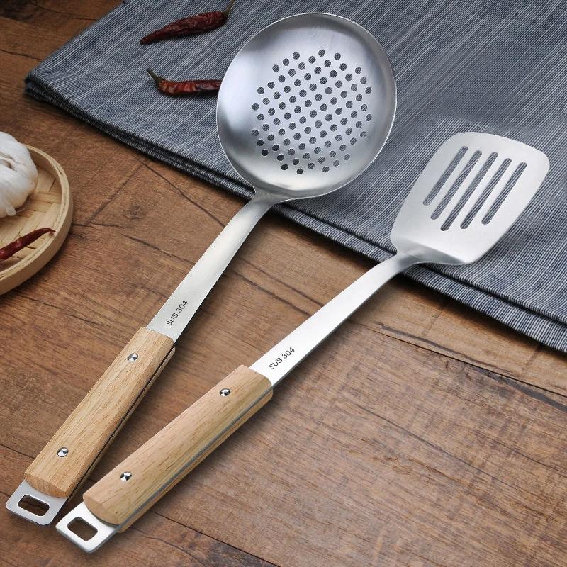 Wooden Handle Wok Spatula 304 Stainless steel spatula cooking Utensils spoon long handle Large Size turner Fried Steak Shovel