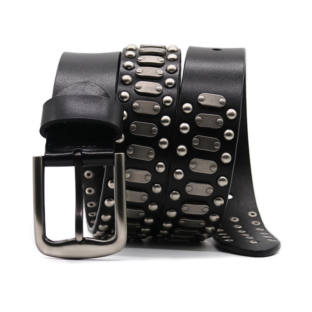 Nya Cowboymotorcykeljeans Tungmetallnitbälten för Män Äkta Läderbälte Punkrock Manlig Rem Ceinture Homme