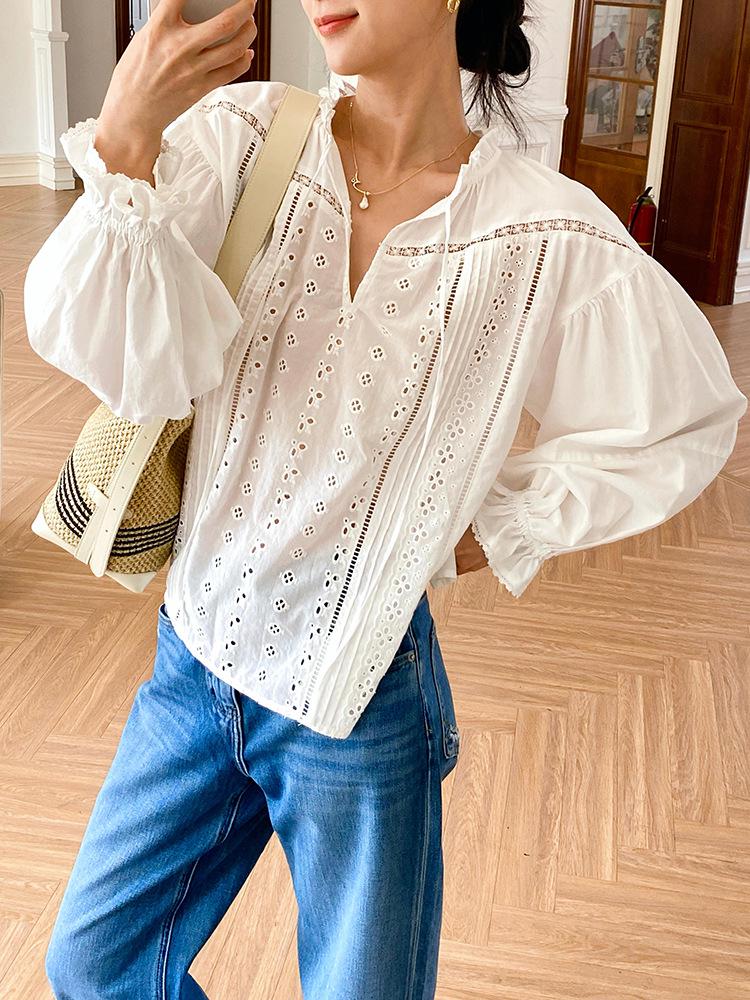 Damen Herbst Langarm Französisches Design Weißes Baumwollhemd