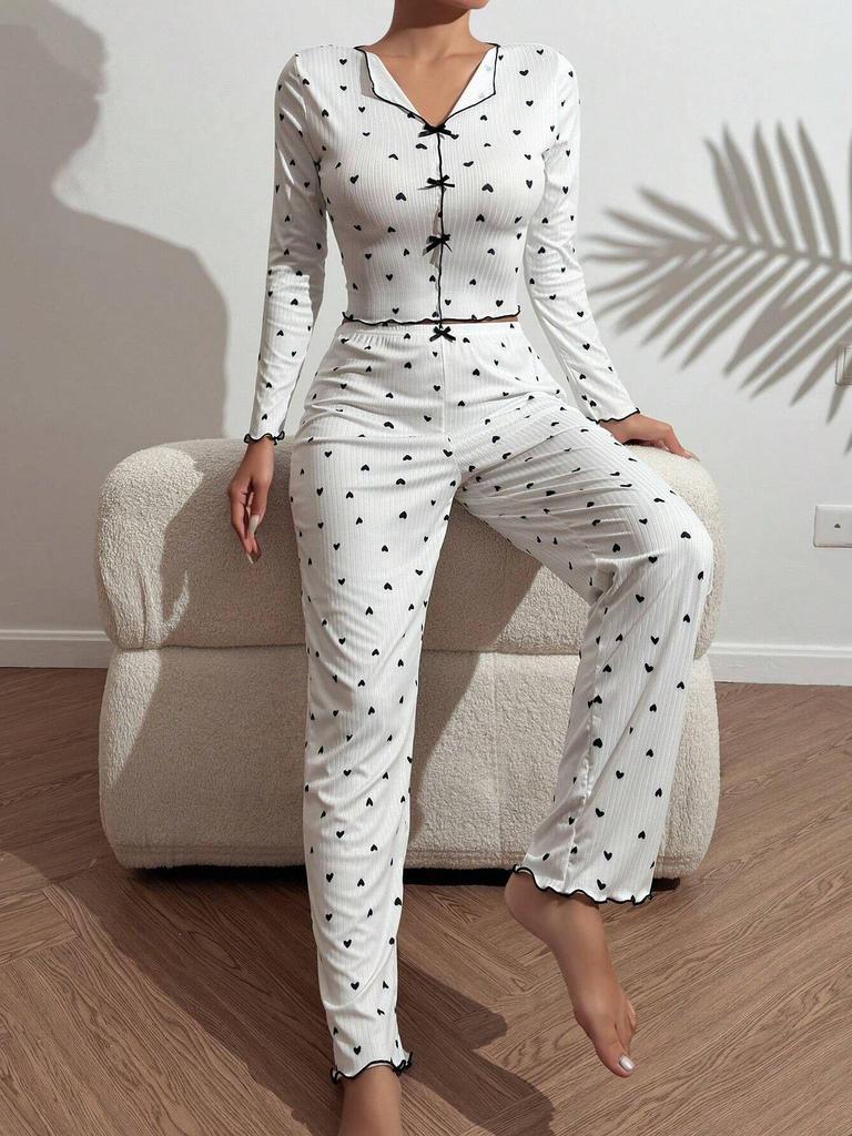 Heart Print Jacquard Long-Sleeve Pajama Set for Women