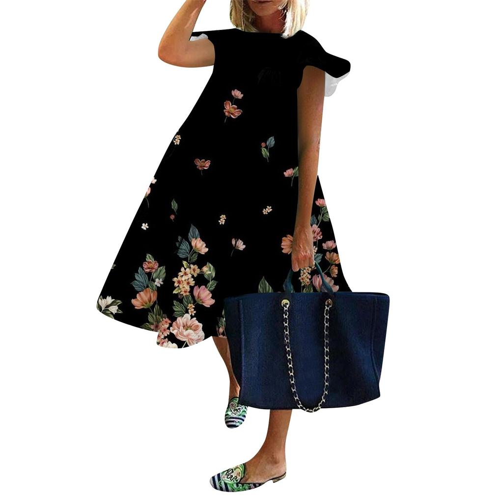 Women's Round Neck Casual Short Sleeve Ruffle-Trim Summer  Dresses