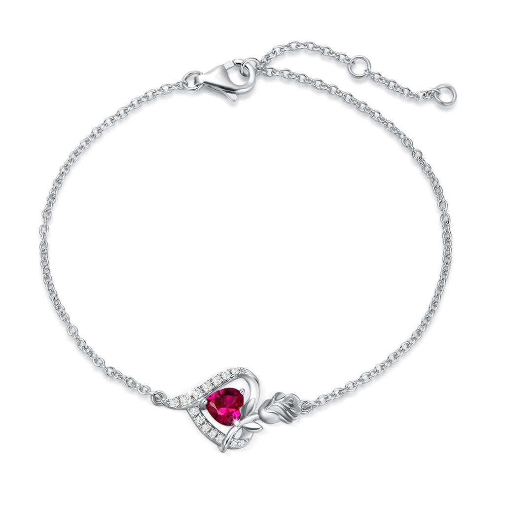 Women's Bracelet with July Birthstone Ruby, Rose Motif, Platinum Plated, Sterling Silver 925, White Day Gift, Birthday Gift, Christmas Present, Gift