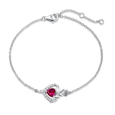 Women's Bracelet with July Birthstone Ruby, Rose Motif, Platinum Plated, Sterling Silver 925, White Day Gift, Birthday Gift, Christmas Present, Gift