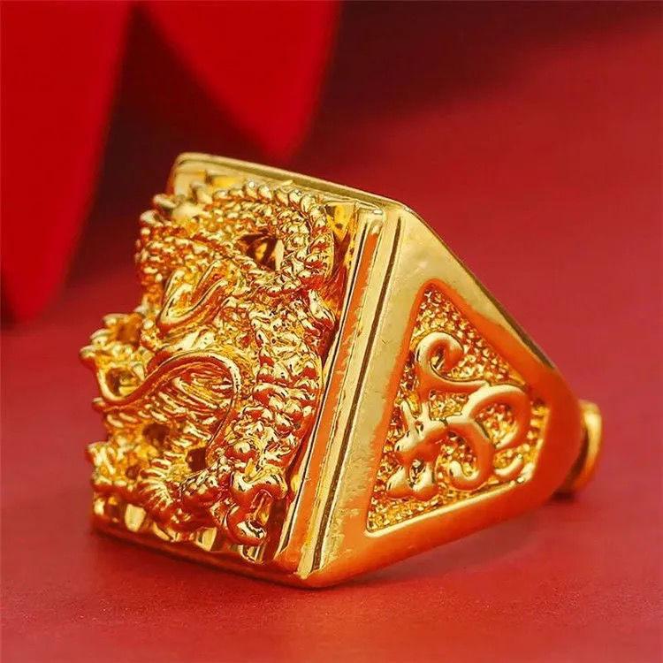 Vietnamese Sand Gold Men's Copper Gold-Plated Ring with Jade Fortune Design