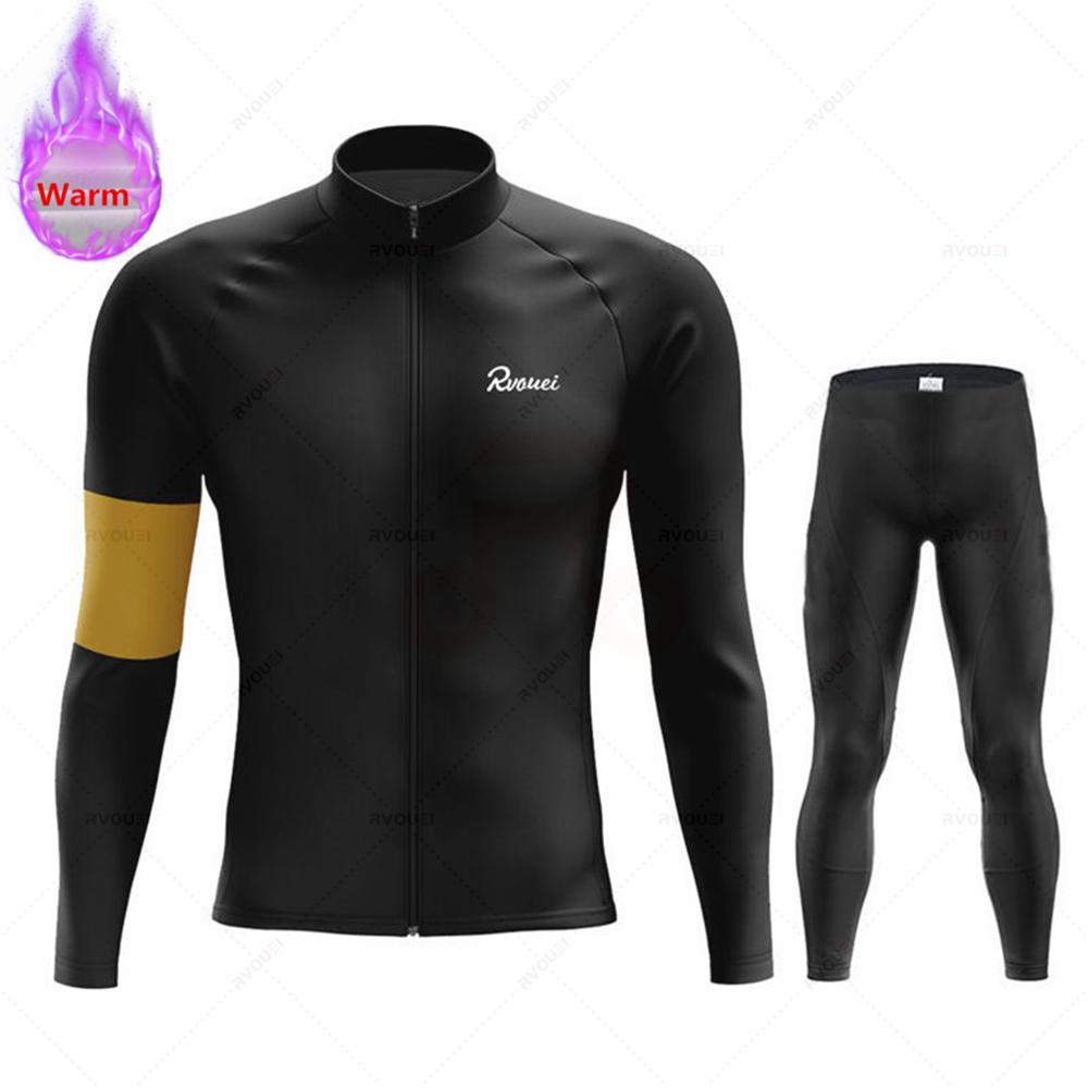 Winter Rvouei Cycling Clothing Men's Thermal Fleece Bicycling Clothing Set Outdoor MTB Bike Bib Pants Ropa Maillot Ciclismo