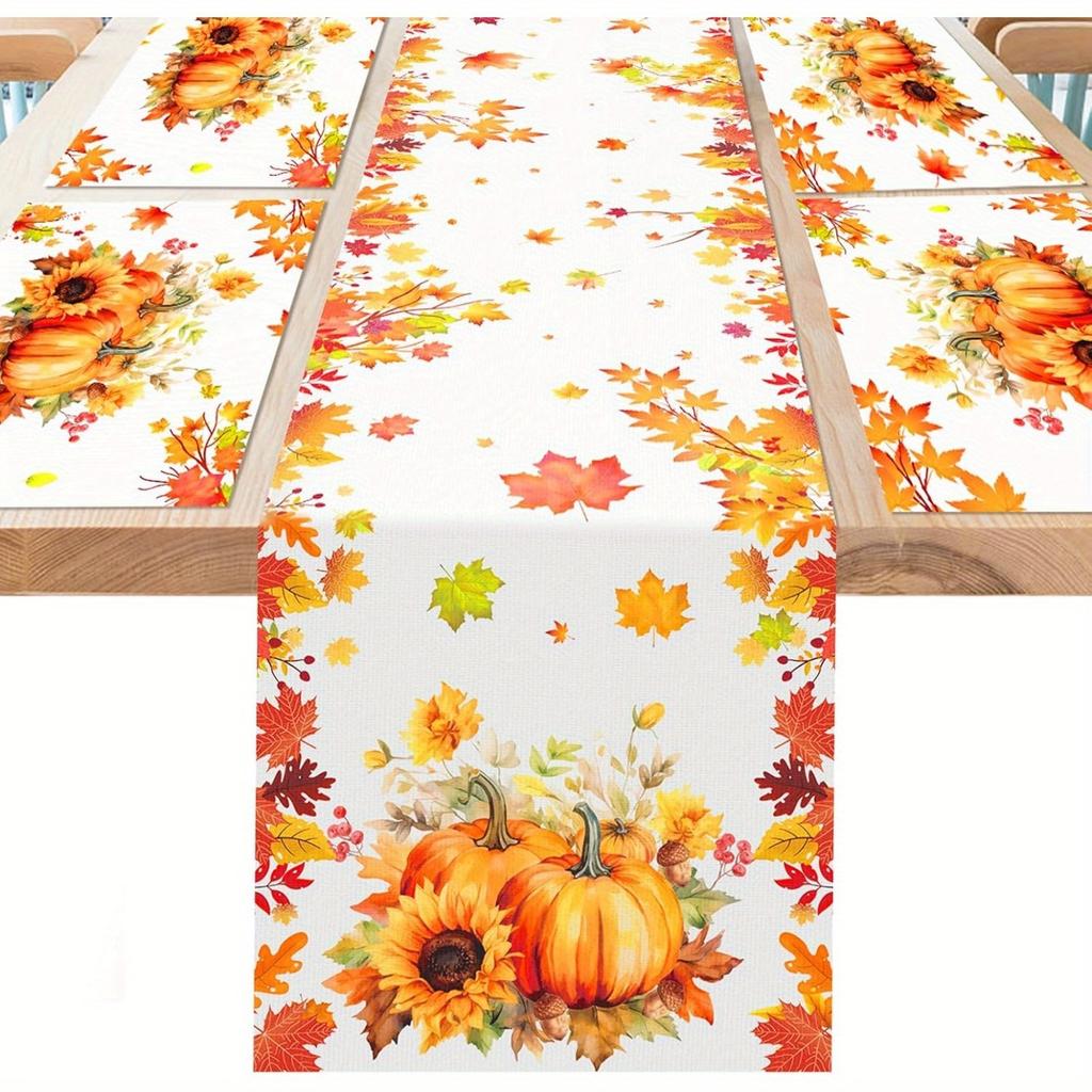 Fall Pumpkin Maple Leaf Linen Table Runner Placemat Thanksgiving Decor Autumn Sunflowers Kitchen Dining Table Runners Home Decor