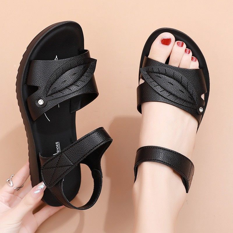 Genuine Leather 2025 New Summer Flat Bottom Women Middle-aged and Elderly Grandma Old People Non-slip Soft Sole Comfortable Women's Mother Sandals