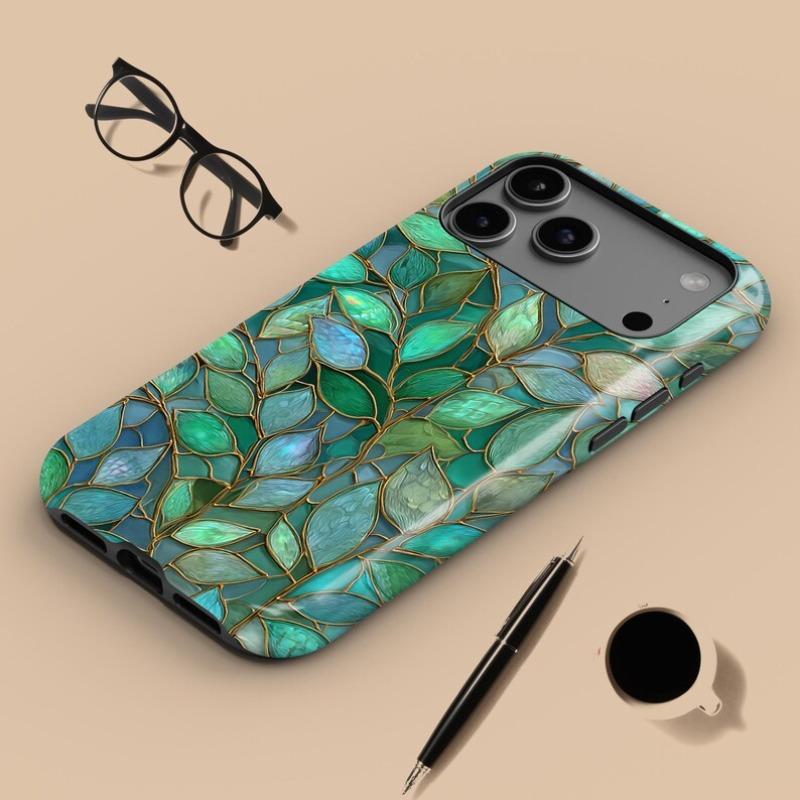 Green Stained Glass Leaf Phone Case Leaves  Plants Mosaic Phone Cover Fit for iPhone 17 Air 16 15 14 13 12 Pro Max Plus 2 In 1