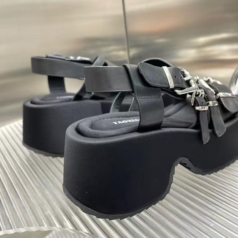 Women's Fashion Chunky Sandals Summer New Square Head Open Toe Metal Buckle Waterproof Platform Non-slip High Heels