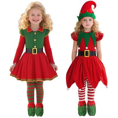 Mädchen Weihnachts-Elf Kleid Kostümset Elf Cosplay Outfit Samtkleid Elf Hut Ohrgürtel Kniestrümpfe für Weihnachtsfeier