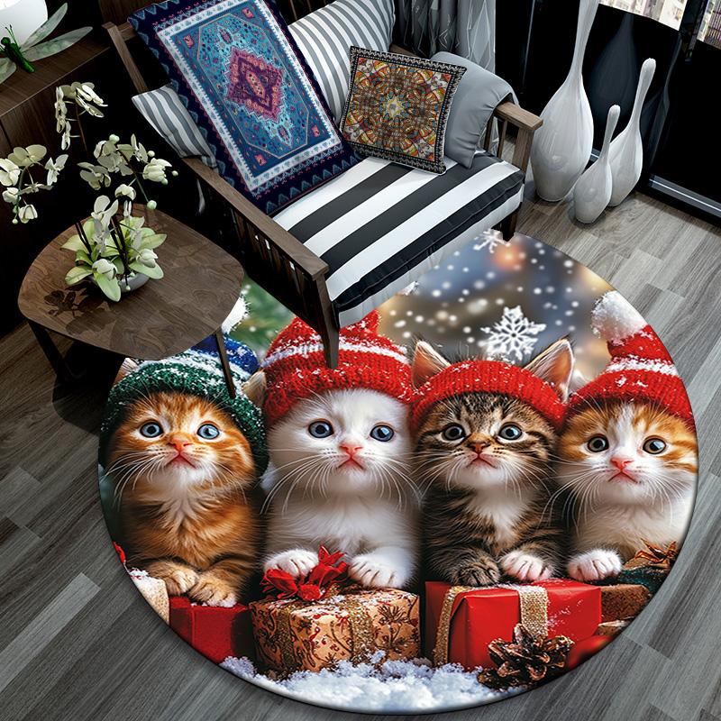 Christmas Kittens Round Area Rug,Carpet Rug for Living Room Bedroom Sofa Playroom Decor,Non-slip Floor Mat