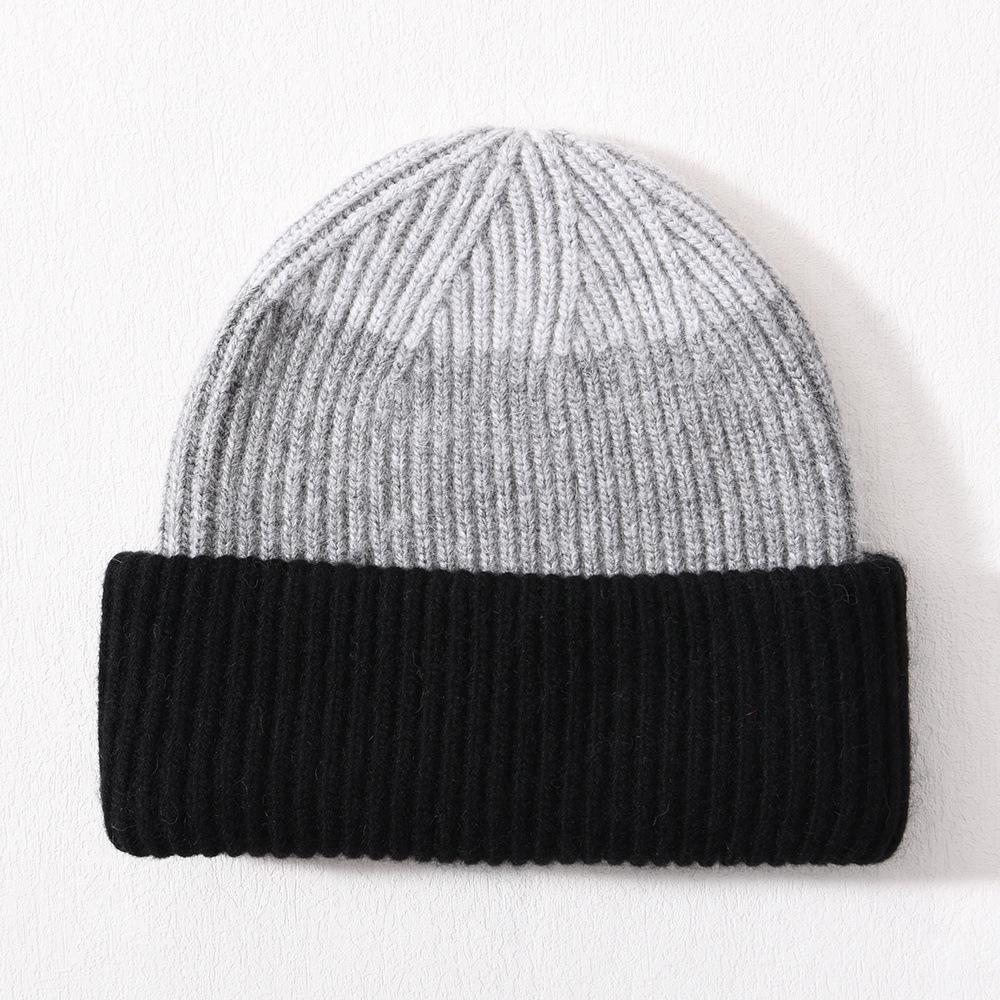 Color Matching Rabbit Plush Wool Hat Double-layer Flipped Brim Versatile Knitted Hat Warm Autumn and Winter Fashion Windproof Striped Hat Women