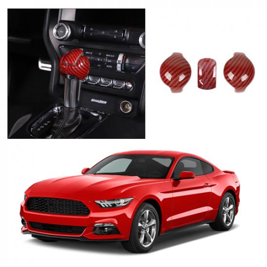 For 15-20 Ford Mustang Interior Gear Shift Knob Decor Cover Trim Red Carbon Fibe