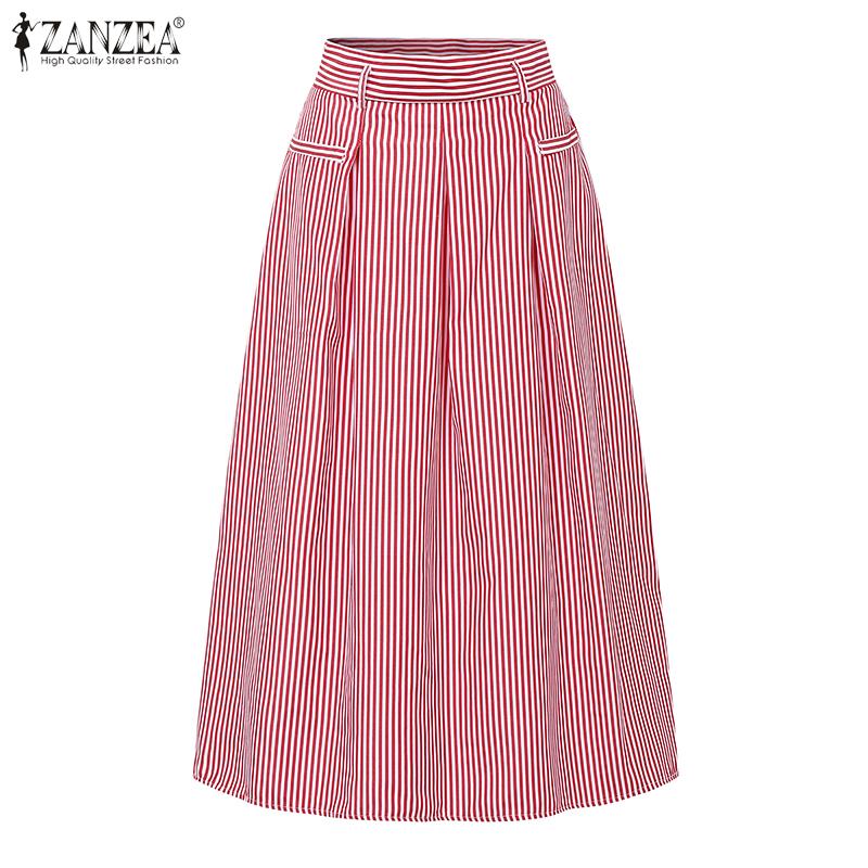 ZANZEA Elegant Women Striped Zipper Casual Long Swing Skirts