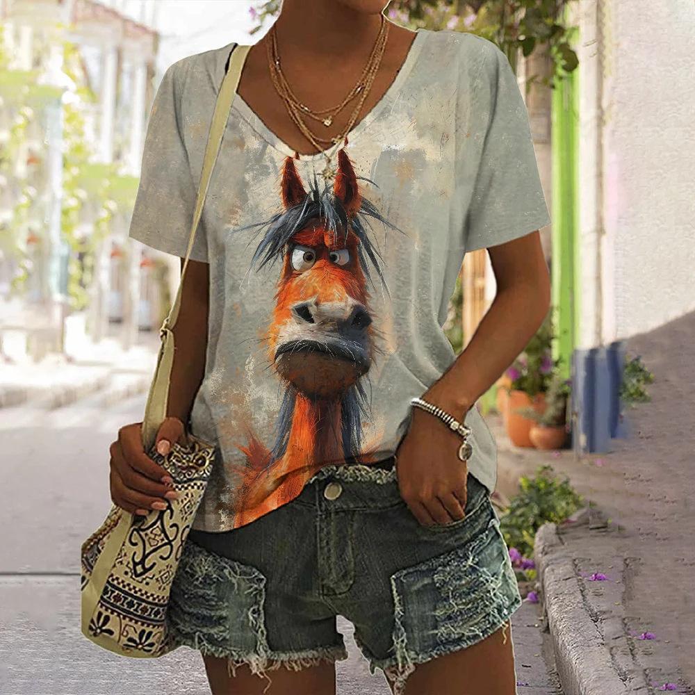 Women's V-neck T-shirt with Cartoon Animal Print Casual Fashionable Short Sleeved Shirt