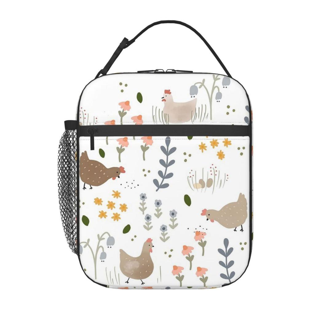 Chic Chick And Floral Pattern Insulated Lunch Bag for Women Children Portable Food Boxes Thermal Lunch Box Tote