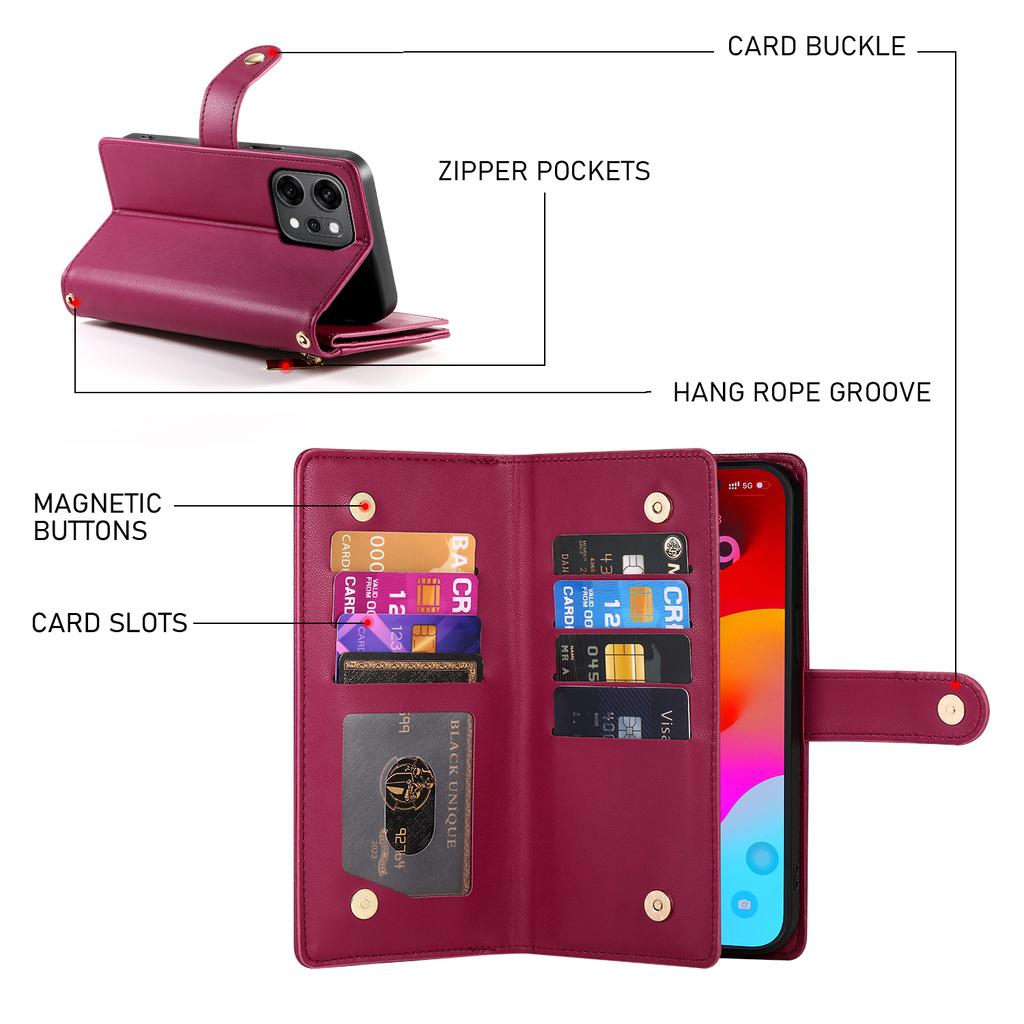 For Oppo Reno14 Pro 5G (Global) Case Zipper Pocket Wallet Leather Phone Cover with Straps