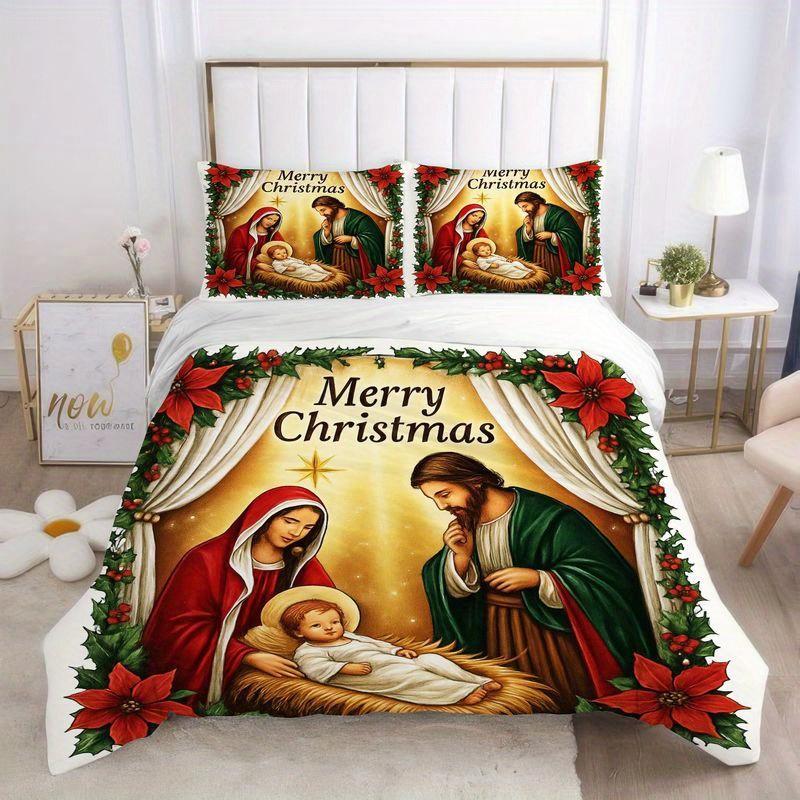 3pcs Nativity Scene Christmas Bedding Holy Family Jesus Mary Joseph Design Duvet Cover Religious Holiday Bedroom Decoration