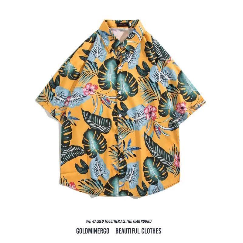 

Летняя корейская мужская модная гавайская рубашка с коротким рукавом по всему дизайну с лацканами повседневные рубашки с цветочным принтом Пляжный курорт Тематическая одежда Желтый