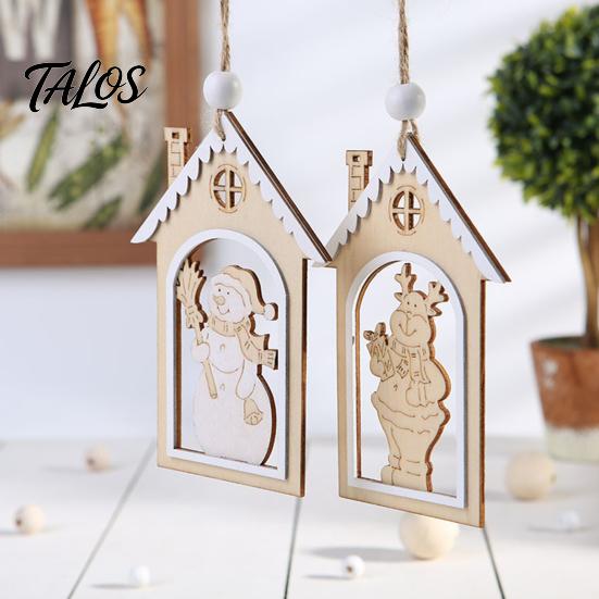 Rustic Christmas Garland Decor Wooden House Snowman/Reindeer Hanging Ornament, DIY Xmas Pendant with Farmhouse Hemp Rope for Home Window & Holiday
