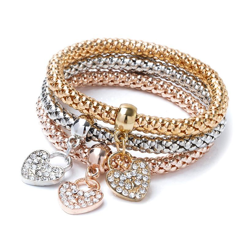 Alloy Three-color Set, Elastic Corn Chain, Diamond-encrusted Love Pendant, Bracelet for Women