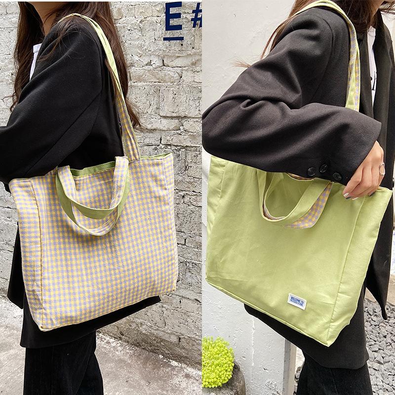 Splicing Double-sided Bag, Simple Plaid Shoulder Bag, Student and Female Leisure Dual-purpose Canvas Bag
