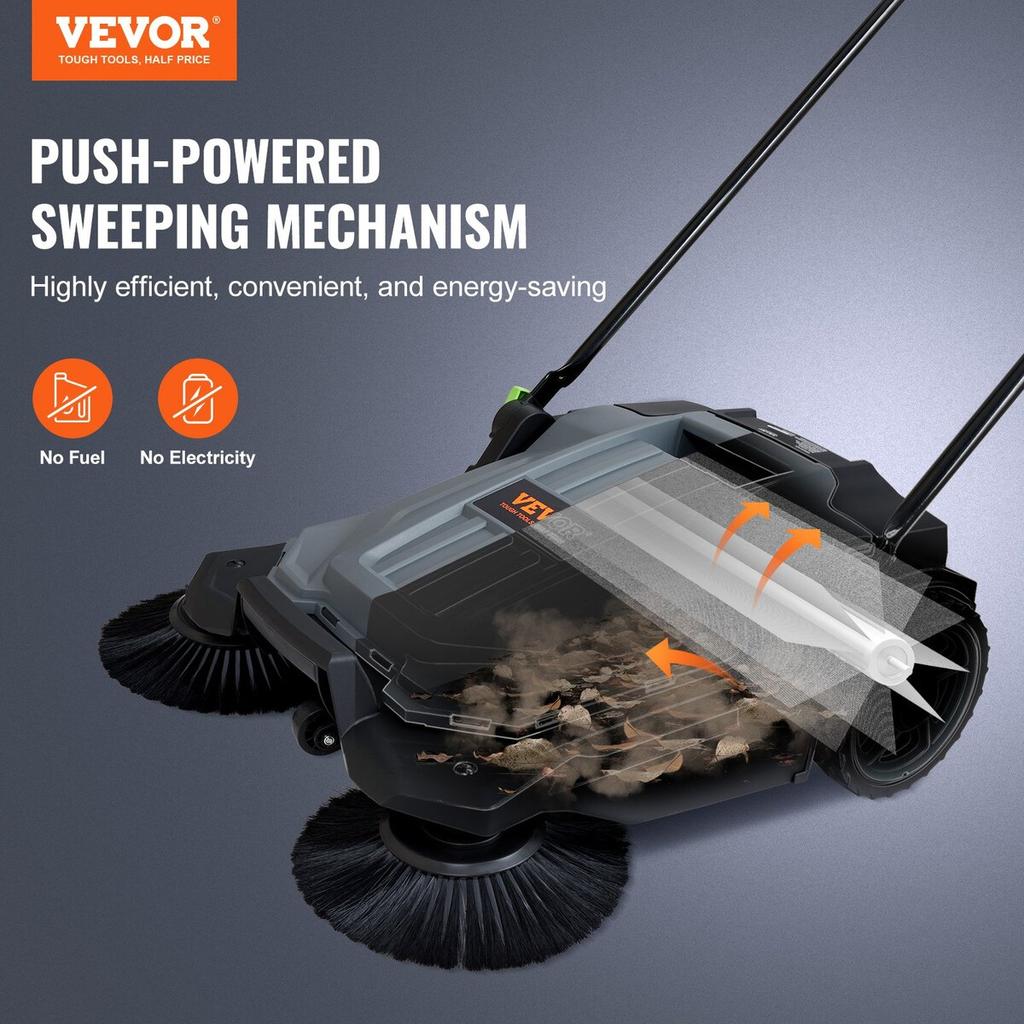 Walk-behind Hand Push Floor Sweeper, 25.6" Sweeping Width Floor Sweeper Manual Non-Electric, 5-Gallon Waste Container, Angle & Height Adjustable