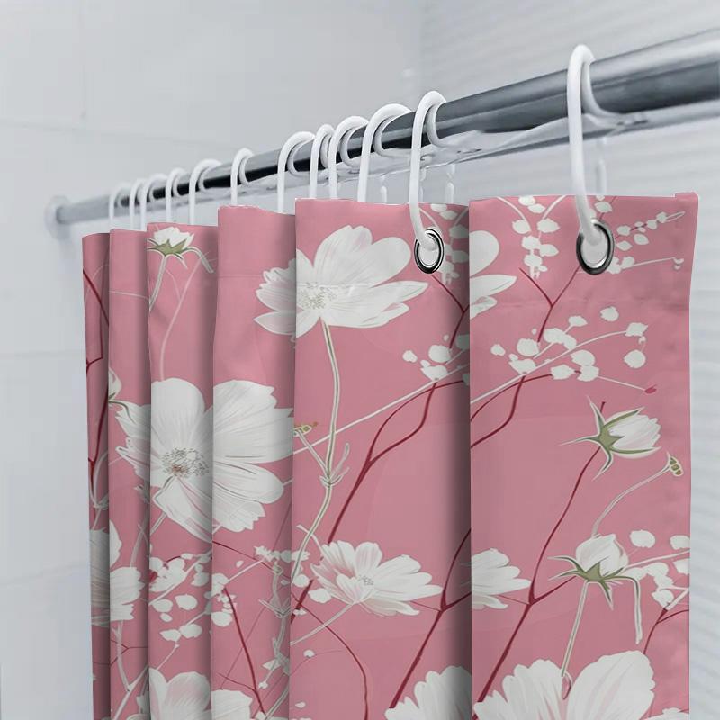 Pink White Flower Bath Shower Curtain Waterproof Bathroom Decor Home Decoration