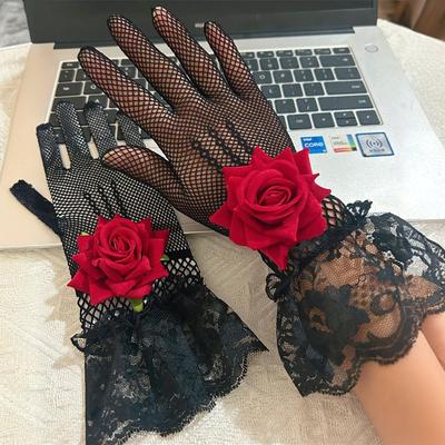 Sexy Rose Fishing Net Hollow Out Gloves Lace Thin Gloves Wedding Stage Performance Po Props