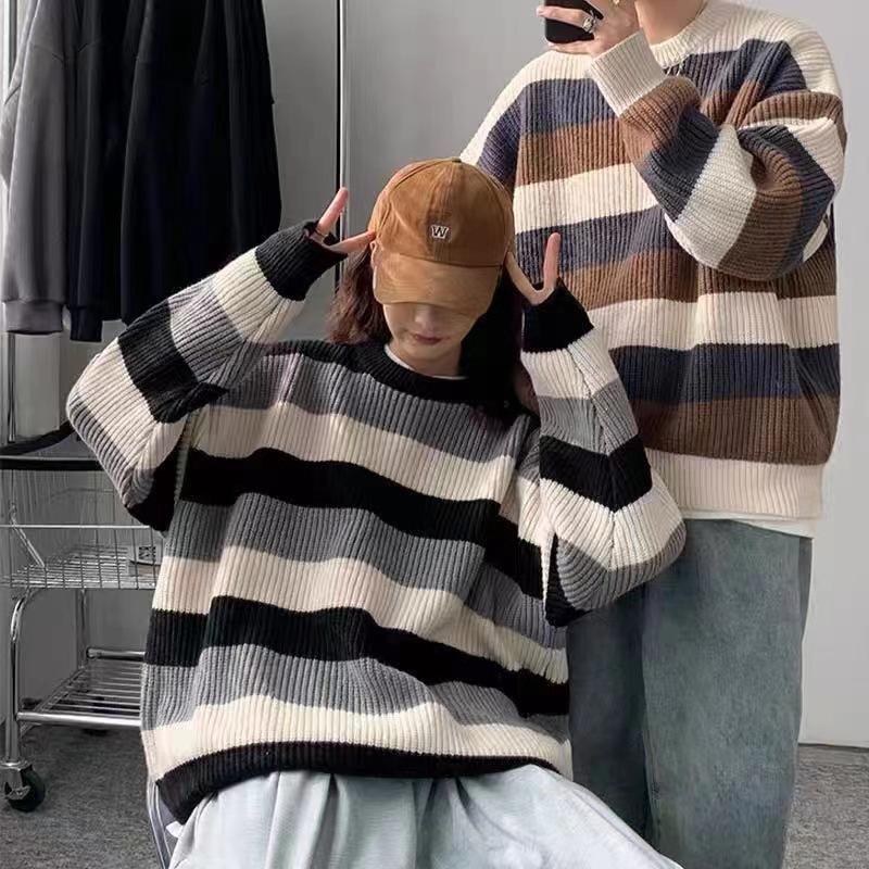 Women's Color-Block Round Neck Sweater - Autumn/Winter Casual Knitwear, Trendy & Versatile Style for Couples
