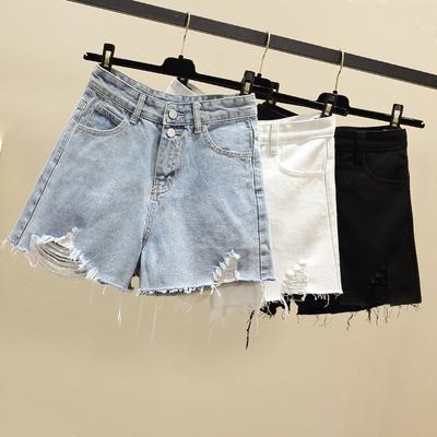 Summer Pants Classic and Minimalist Fashion Wild High-waisted Double-button Female Summer Broken Holes Thin A-word Wide-legged Raw Edge Denim Shorts