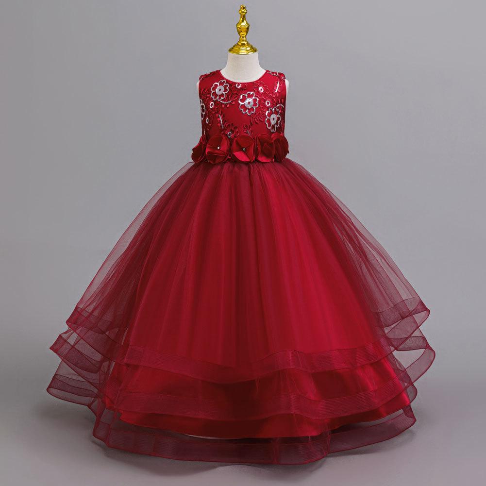 Girls' Red Embroidered Long Evening Dress - Christmas Princess & Performance Outfit