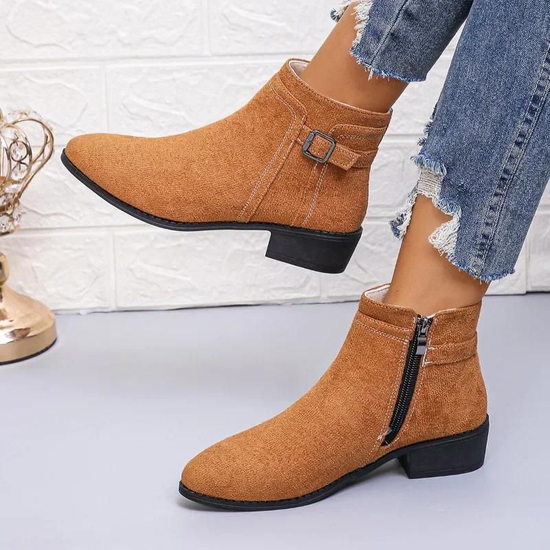 Fashion 2024 Hot Sale Shoes for Women Side Zip Women's Boots Winter Round Toe Suede Solid Short Barrel Low Heels Large Size Naked Boots